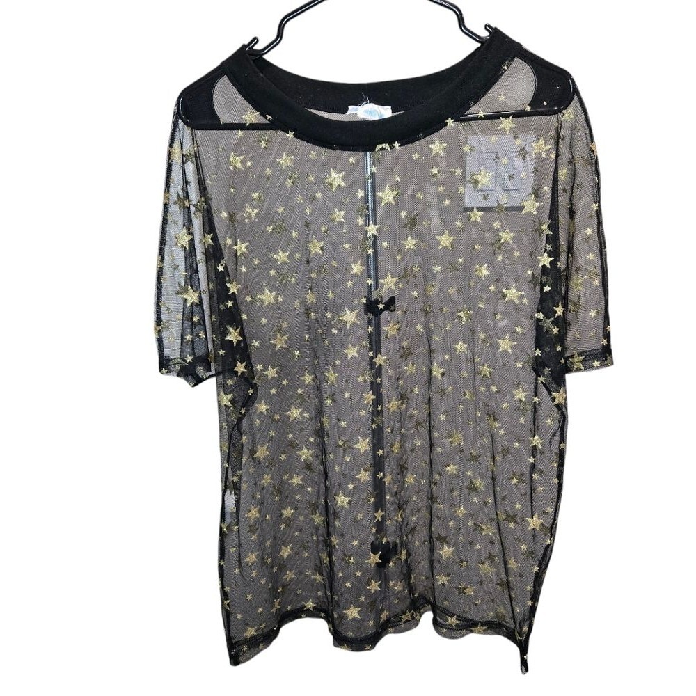 Iheartraves Sheer Black Top with Gold Star Pattern